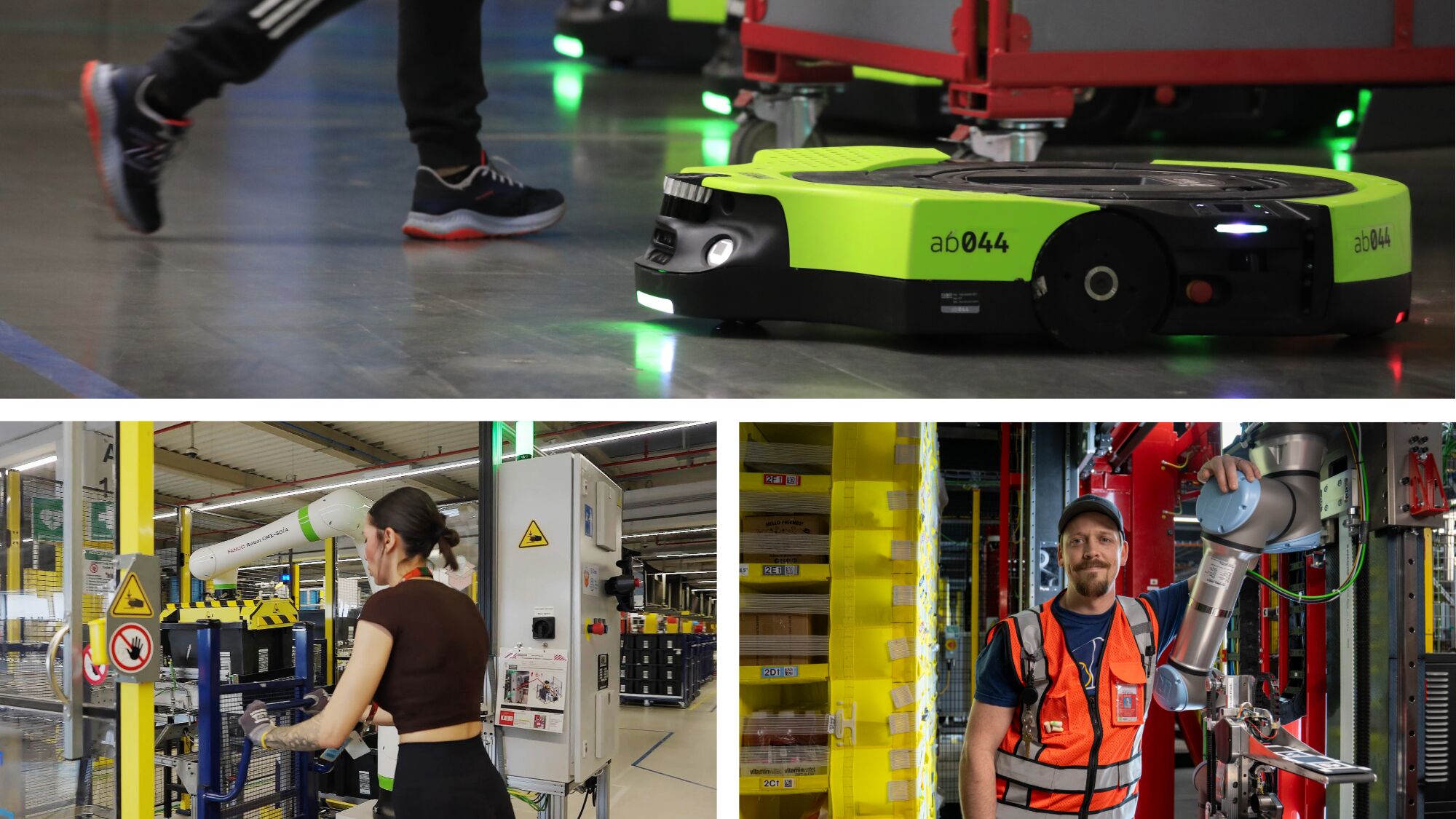 Amazon employees working alongside Proteus, STARK and Vulcan robots in a fulfillment center