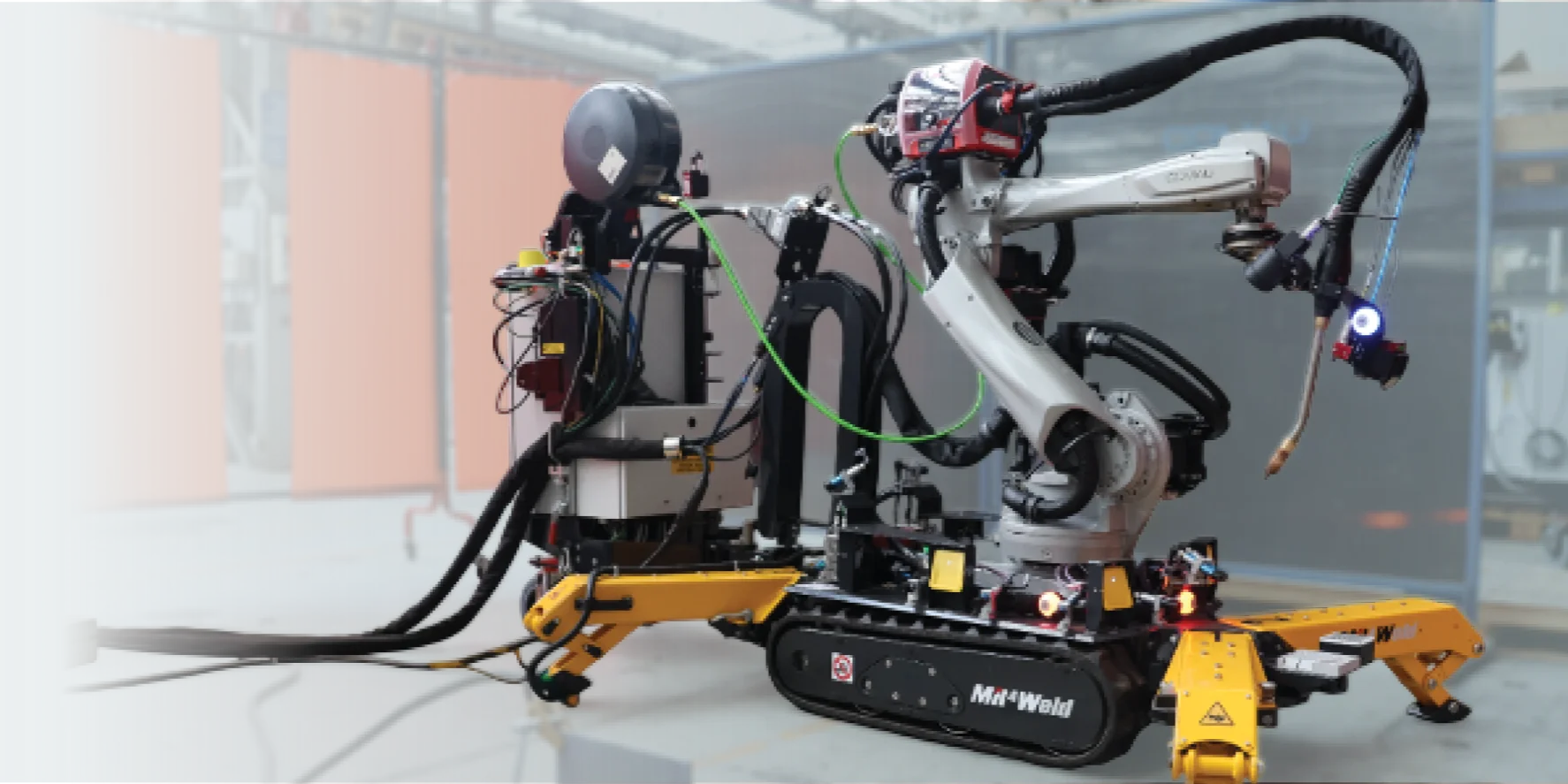 Comau MR4Weld mobile robotic welding system with a six-axis arm on a tracked platform