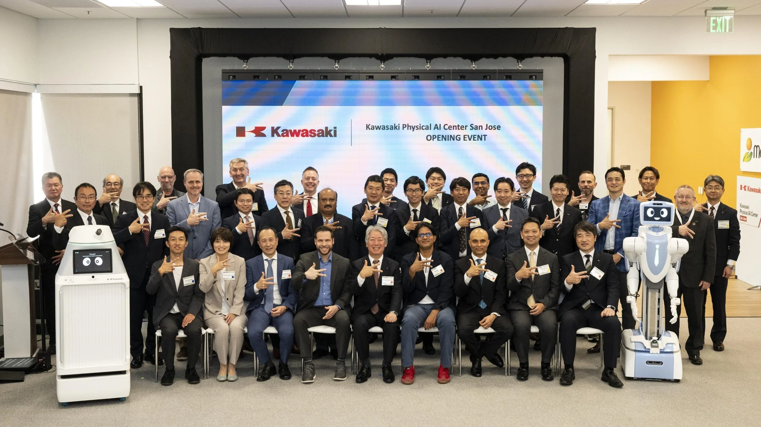 Kawasaki Physical AI Center San Jose opening event with industrial and humanoid robots