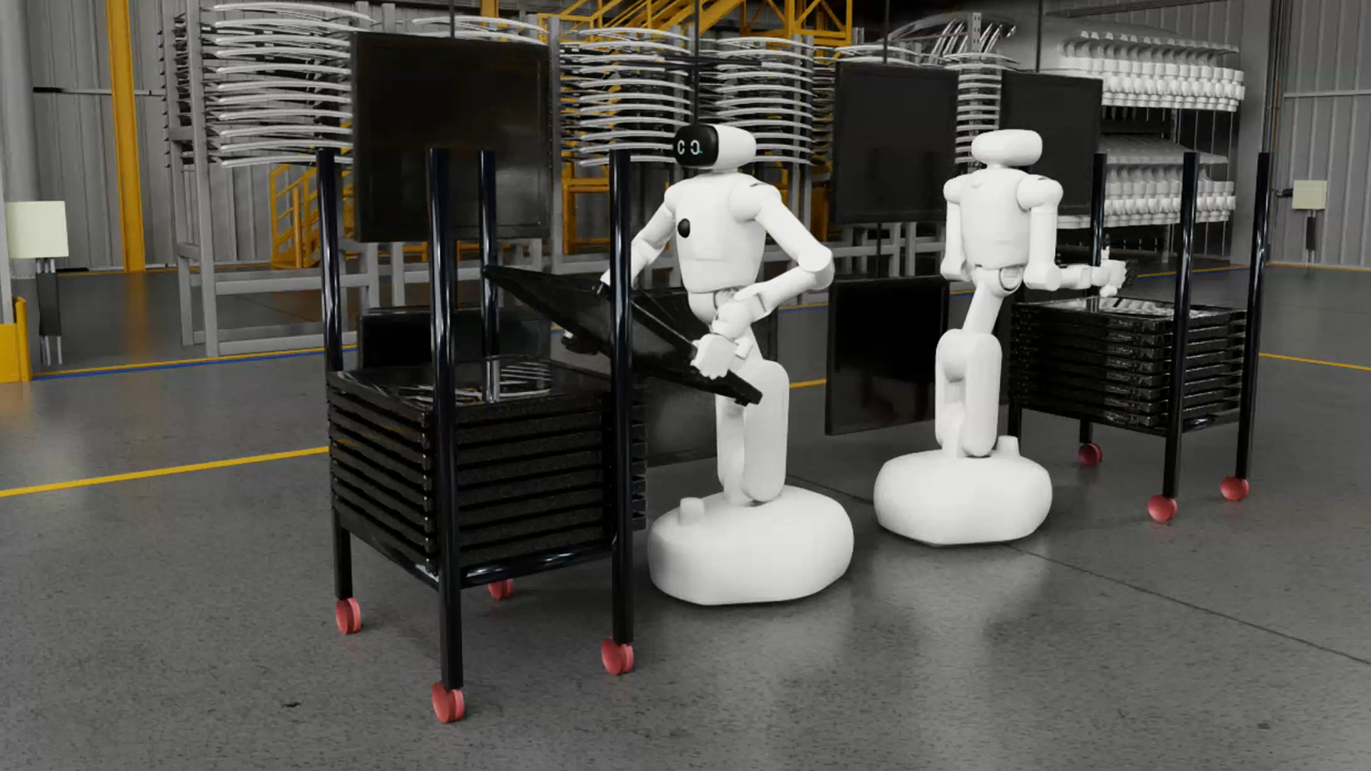 Two mobile robots moving carts inside an industrial facility