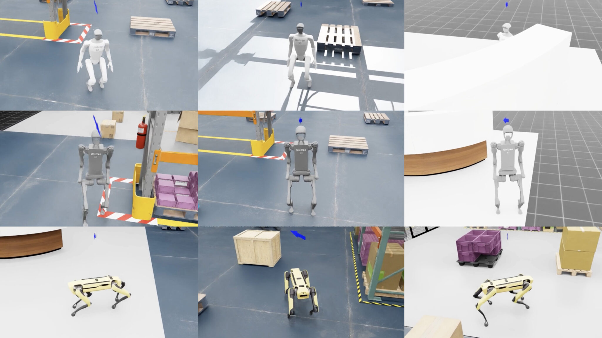 NVIDIA research collage showing humanoid and quadruped robots navigating simulated and warehouse-like environments